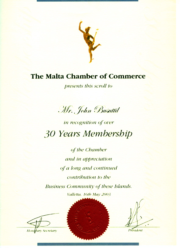 The award for Mr. John Busuttil in recognition of his work towards the Maltese Business Community